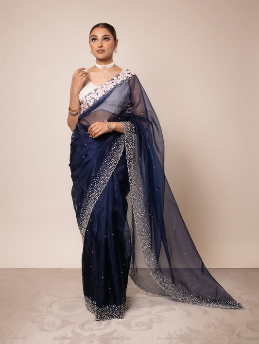 Luxury Organza 3D Flower & Pearl Embroidery Sari DF247