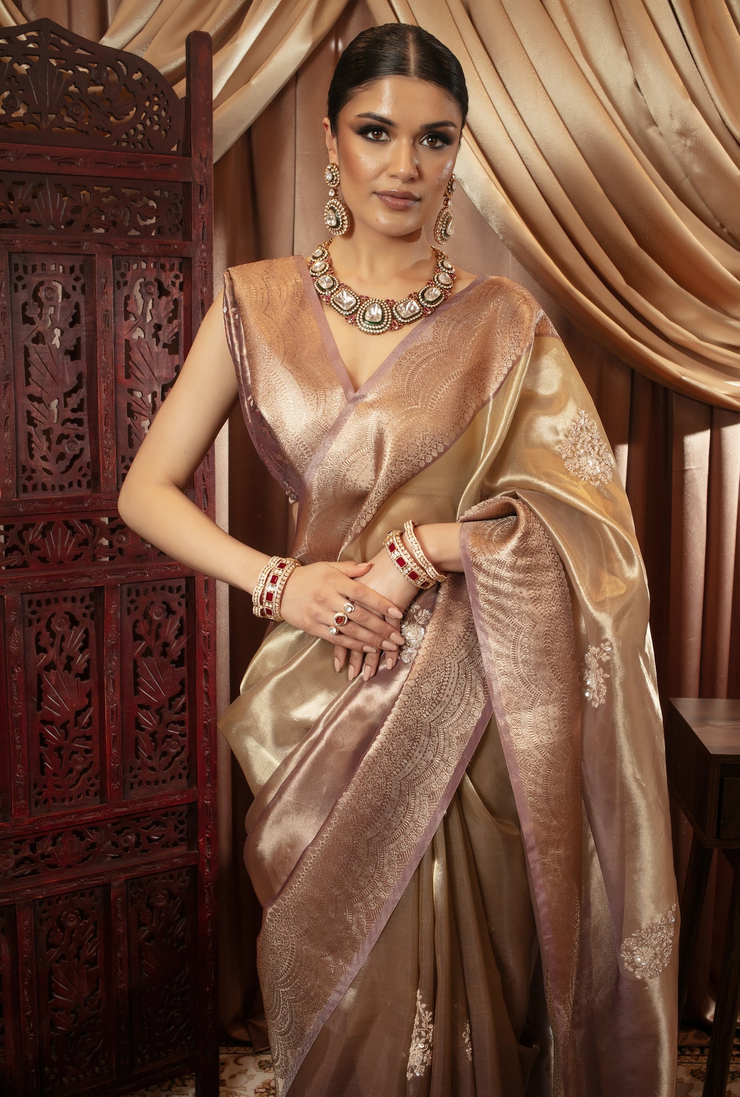 Luxury Tissue Silk Beadwork Embroidery Sari DF372