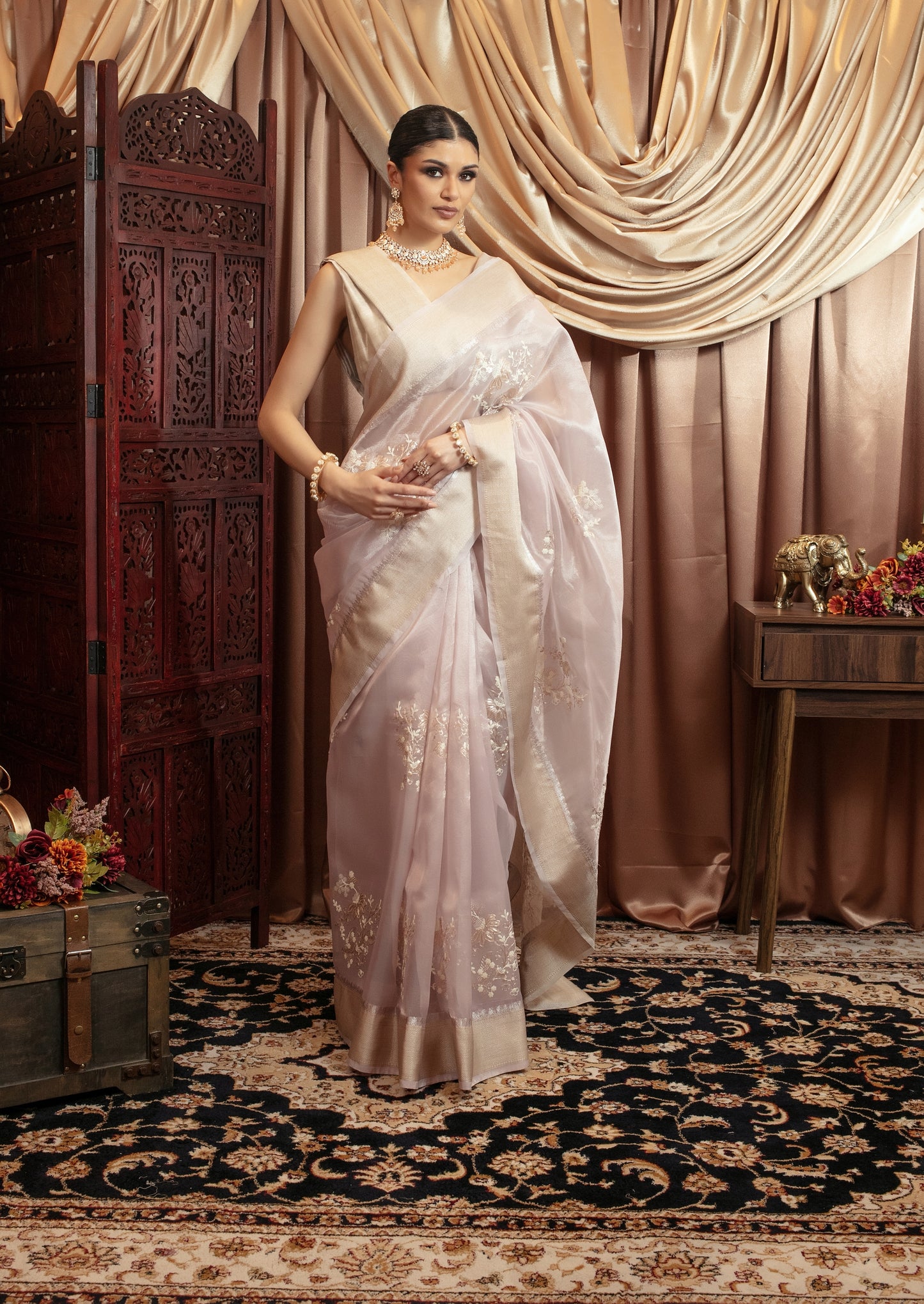 Luxury Tissue Silk Pita Embroidery Sari DF377