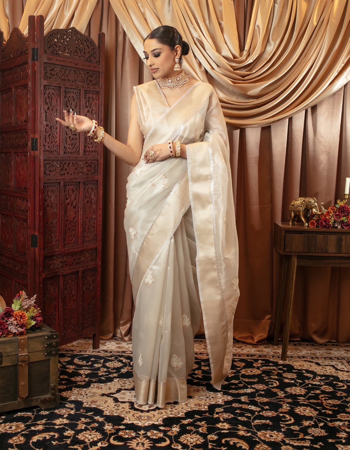 Luxury Tissue Silk Pita Embroidery Sari DF379
