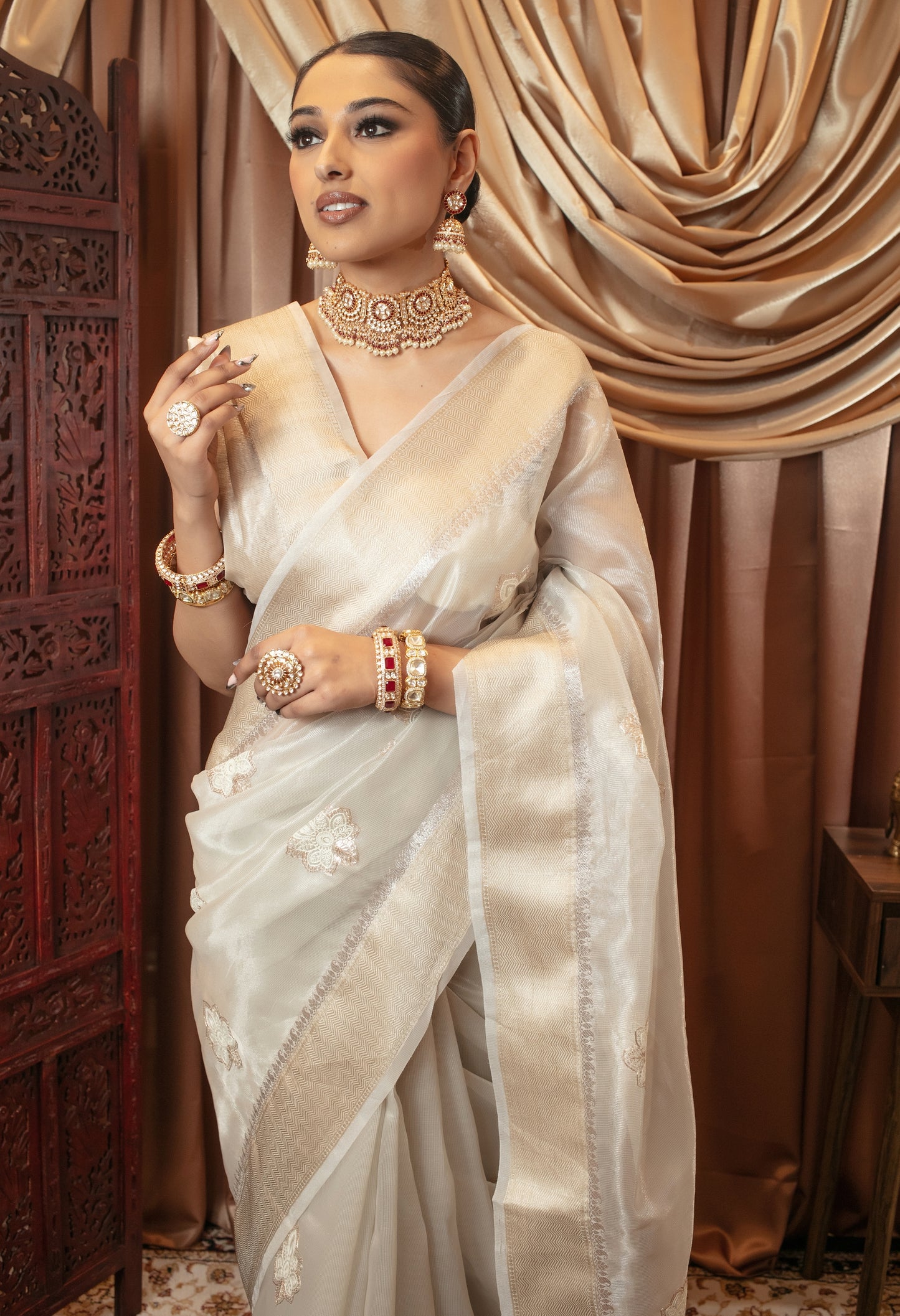 Luxury Tissue Silk Pita Embroidery Sari DF379