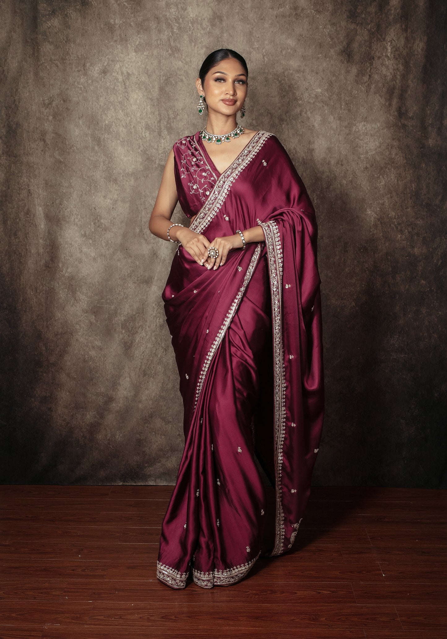 Signature Satin Silk Sequin & Beadwork Embroidery Sari DF413