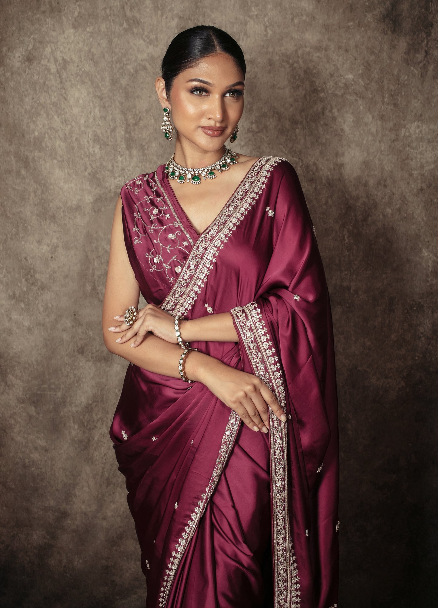 Signature Satin Silk Sequin & Beadwork Embroidery Sari DF413