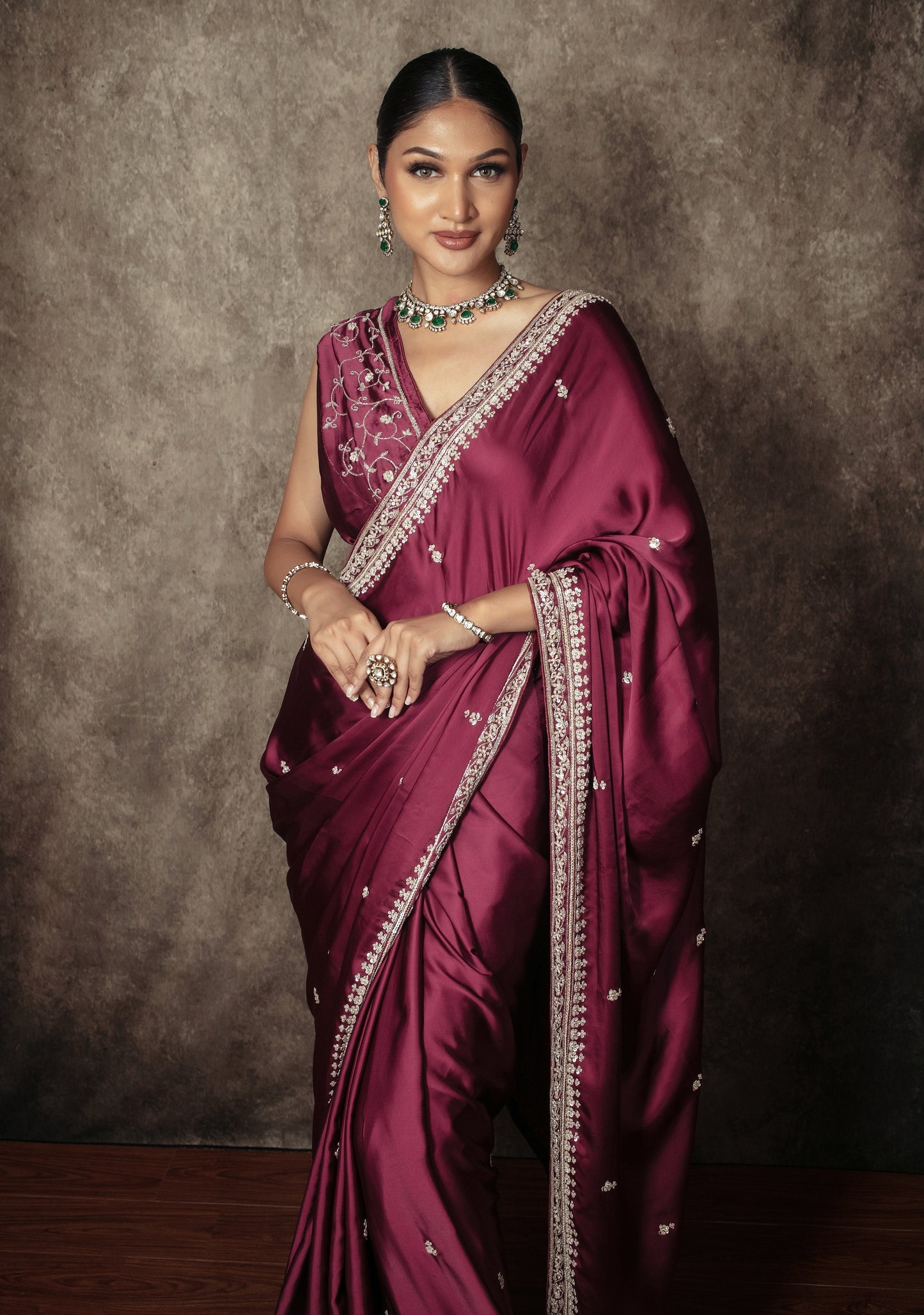 Signature Satin Silk Sequin & Beadwork Embroidery Sari DF413