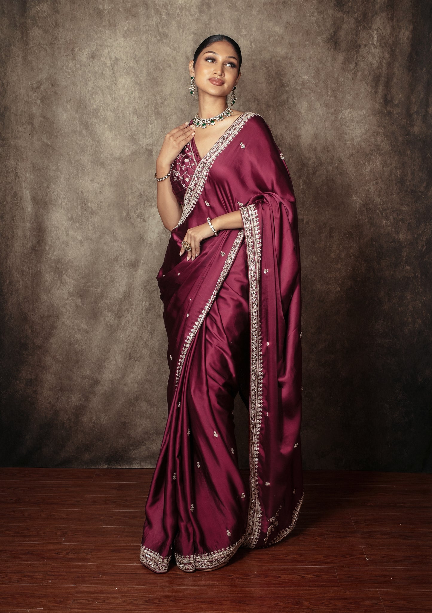 Signature Satin Silk Sequin & Beadwork Embroidery Sari DF413