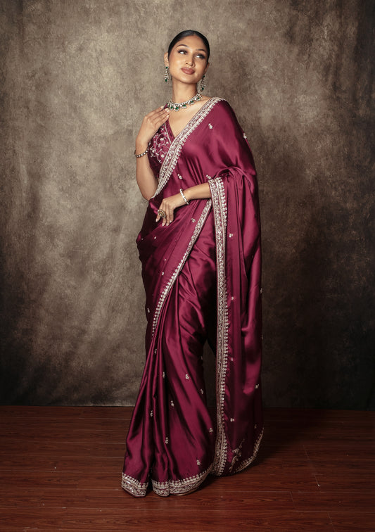Signature Satin Silk Sequin & Beadwork Embroidery Sari DF413