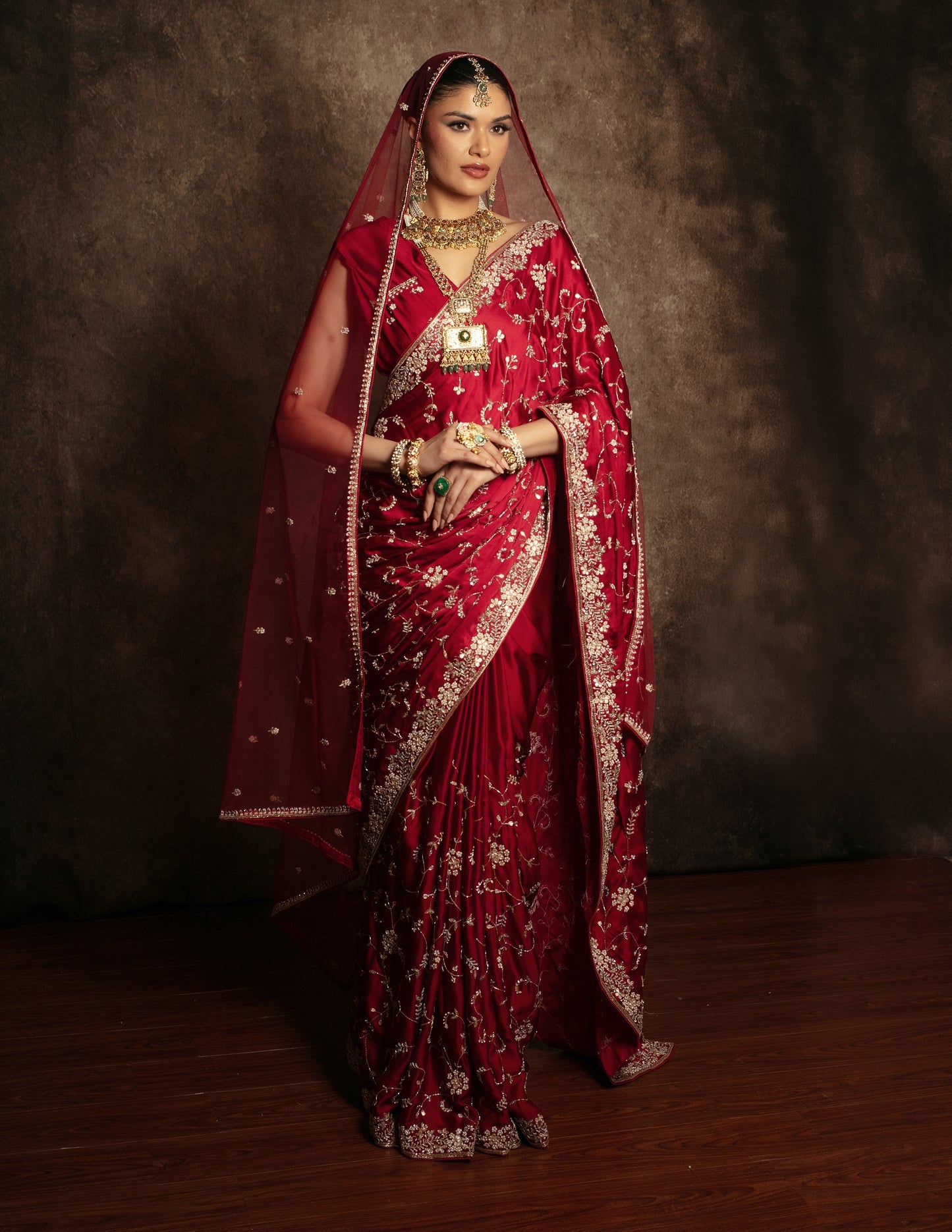 Luxury Satin Silk Beadwork & Gota Embroidery Sari W/Dupatta DF415