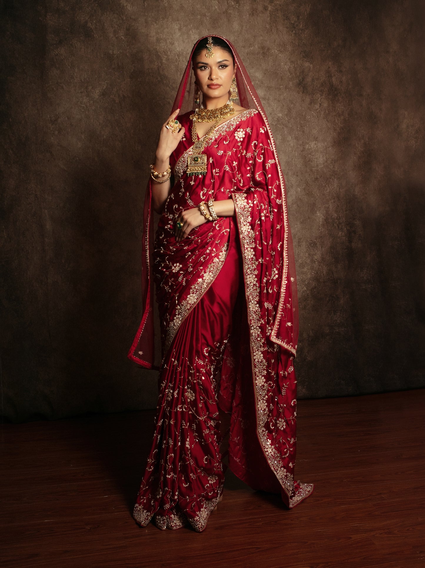 Luxury Satin Silk Beadwork & Gota Embroidery Sari W/Dupatta DF415