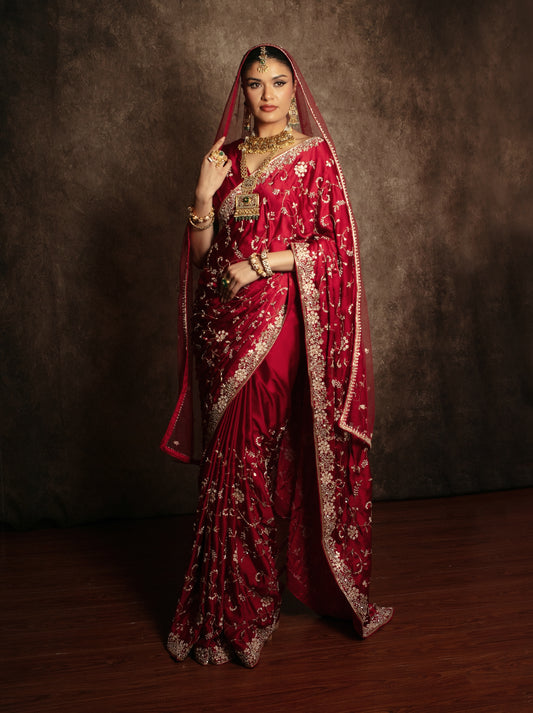 Luxury Satin Silk Beadwork & Gota Embroidery Sari W/Dupatta DF415
