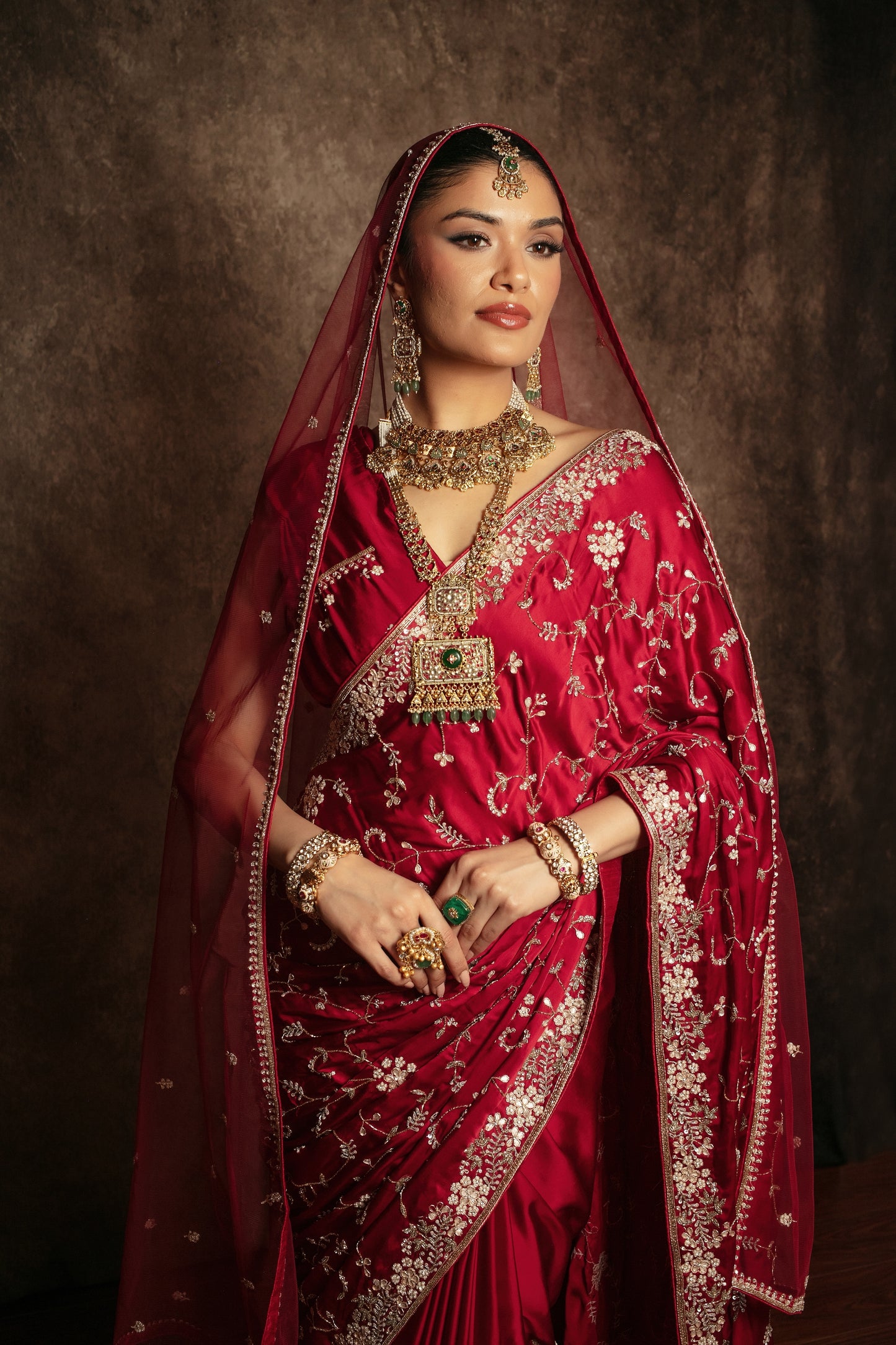 Luxury Satin Silk Beadwork & Gota Embroidery Sari W/Dupatta DF415