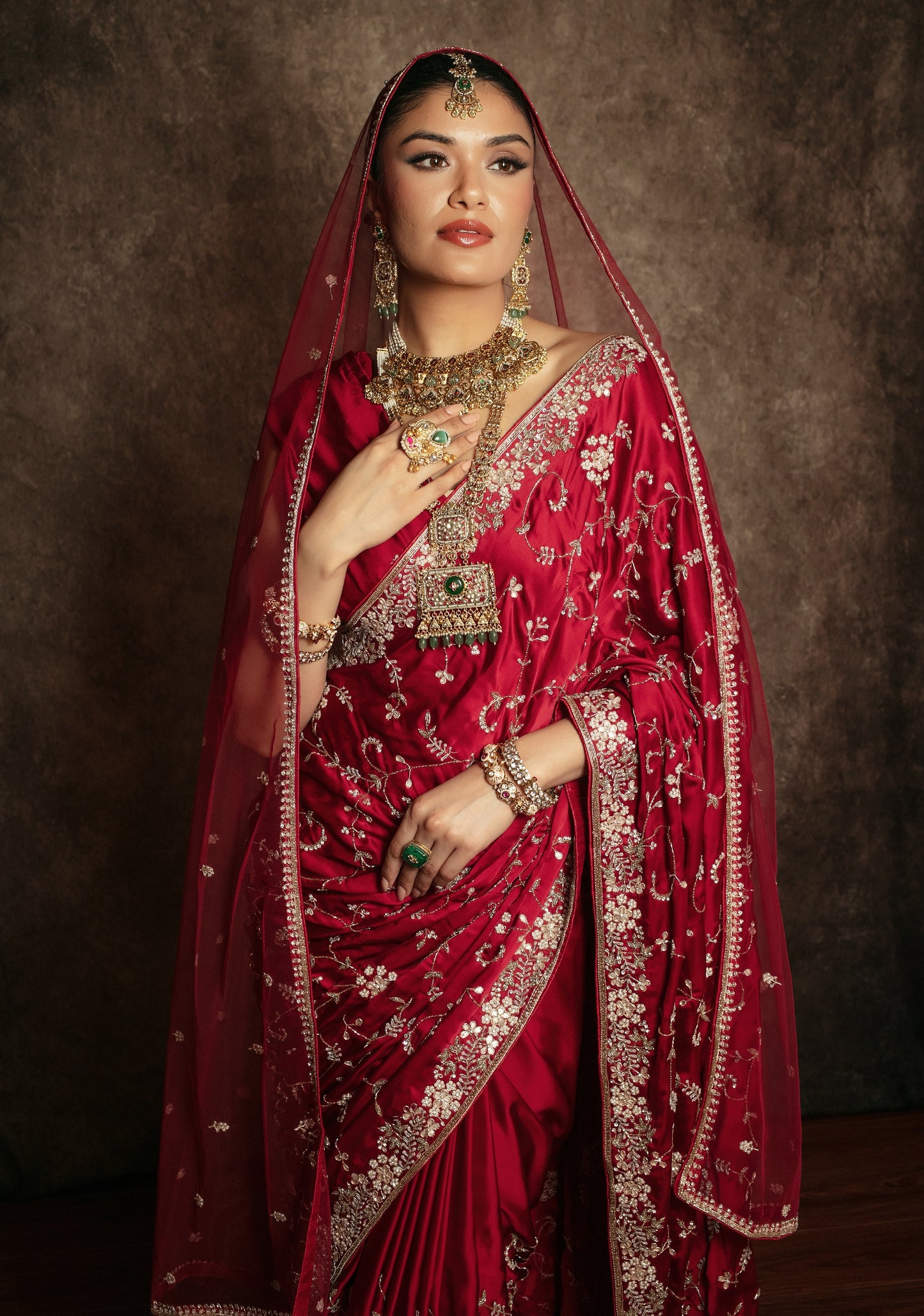 Luxury Satin Silk Beadwork & Gota Embroidery Sari W/Dupatta DF415