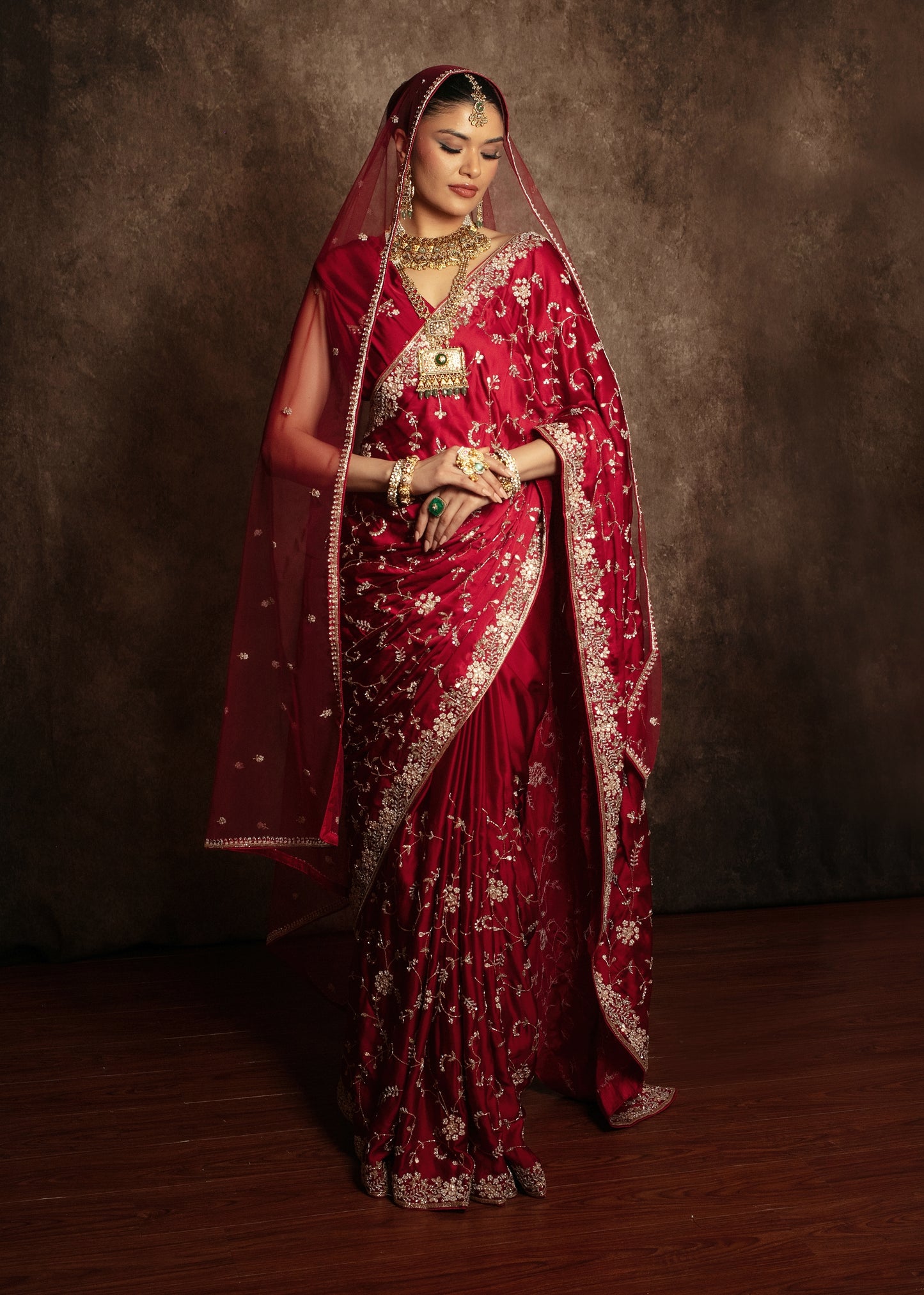 Luxury Satin Silk Beadwork & Gota Embroidery Sari W/Dupatta DF415