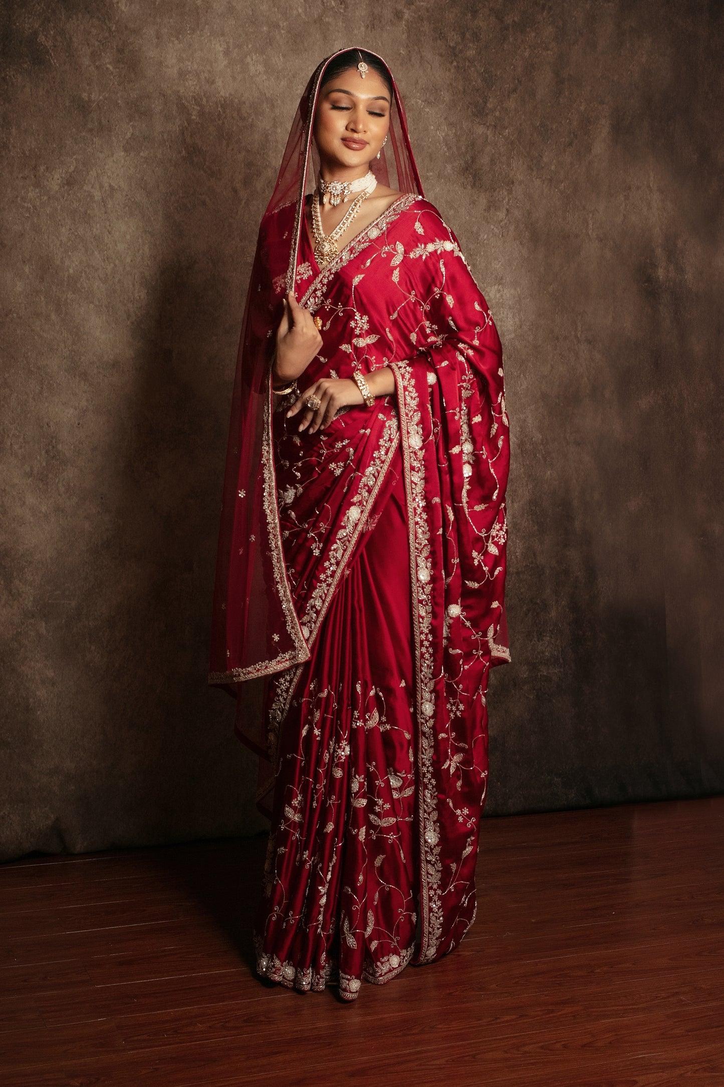 Luxury Satin Silk Beadwork & Sequin Embroidery Sari W/Dupatta DF416