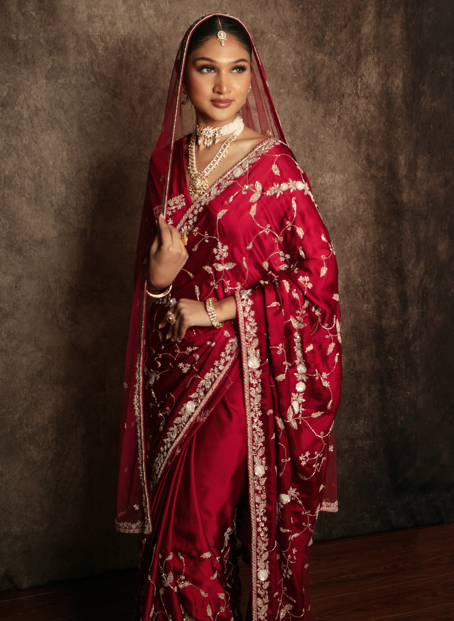 Luxury Satin Silk Beadwork & Sequin Embroidery Sari W/Dupatta DF416
