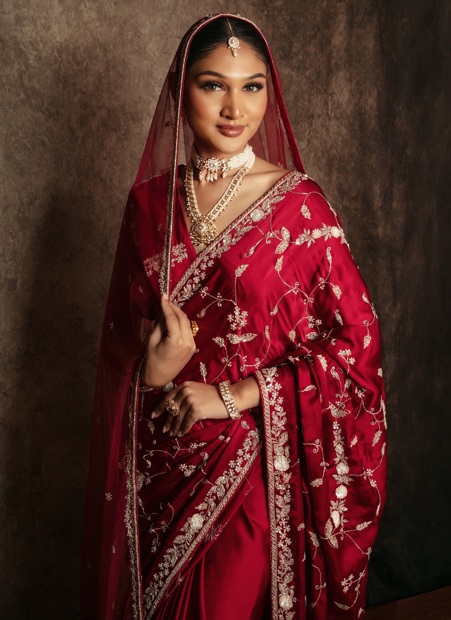 Luxury Satin Silk Beadwork & Sequin Embroidery Sari W/Dupatta DF416