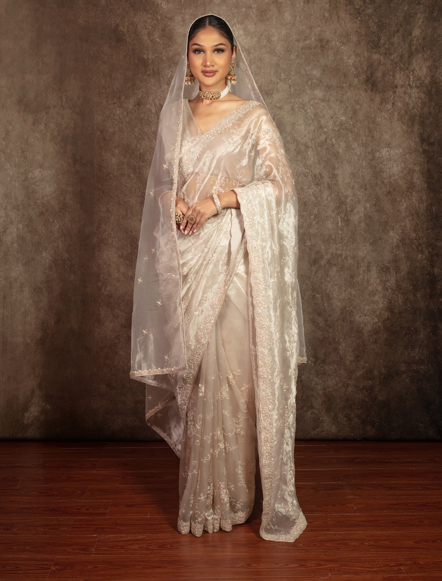 Signature Tissue Silk Beadwork Embroidery Sari W/Dupatta DF417