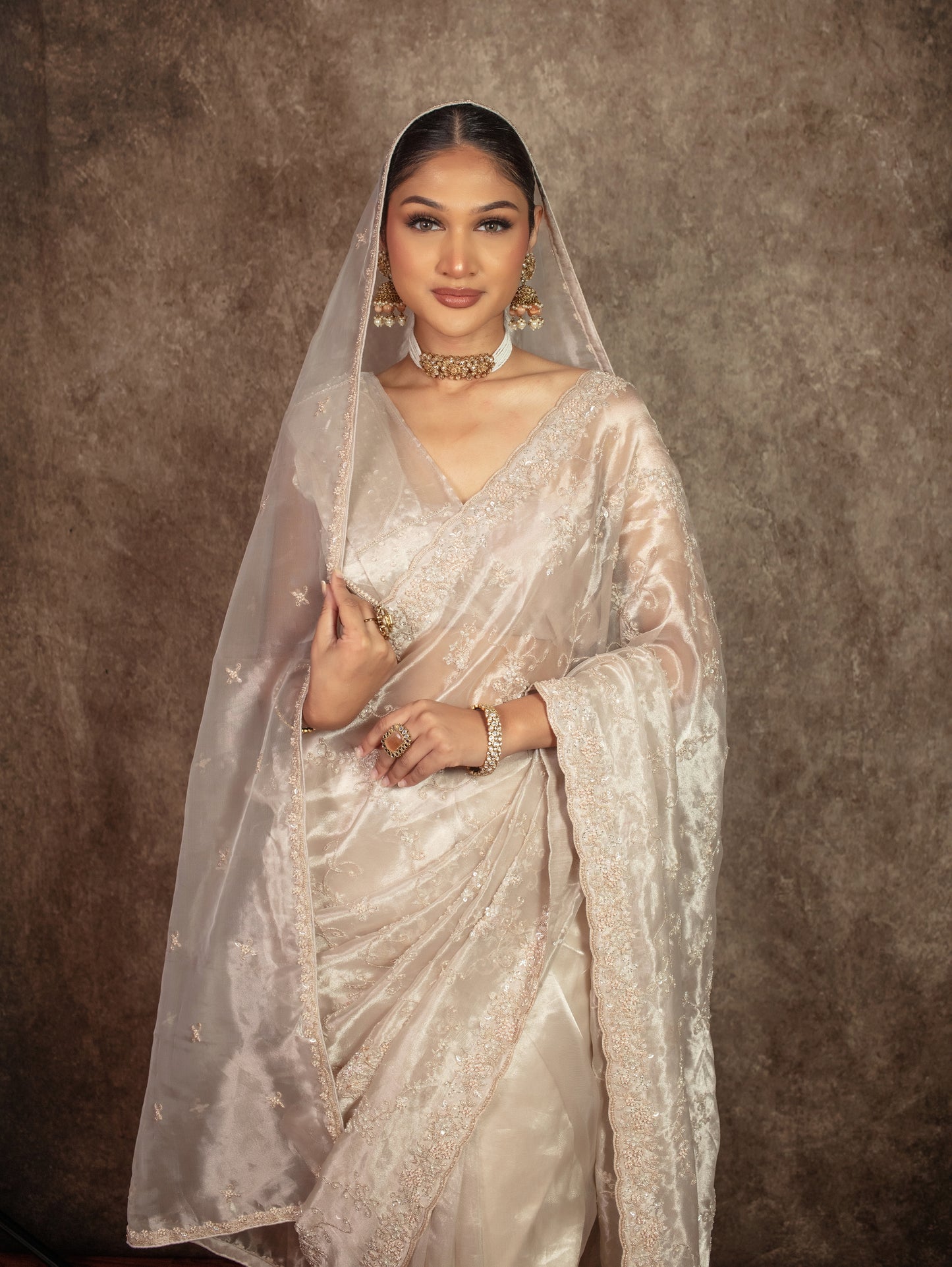 Signature Tissue Silk Beadwork Embroidery Sari W/Dupatta DF417