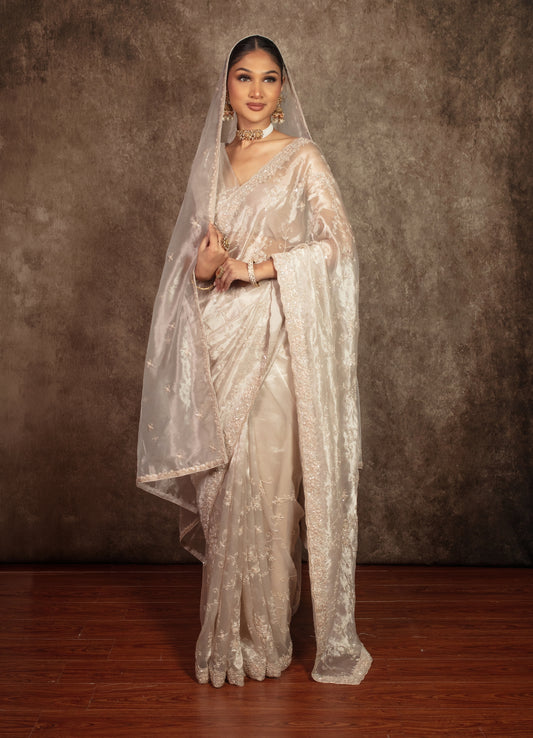 Signature Tissue Silk Beadwork Embroidery Sari W/Dupatta DF417