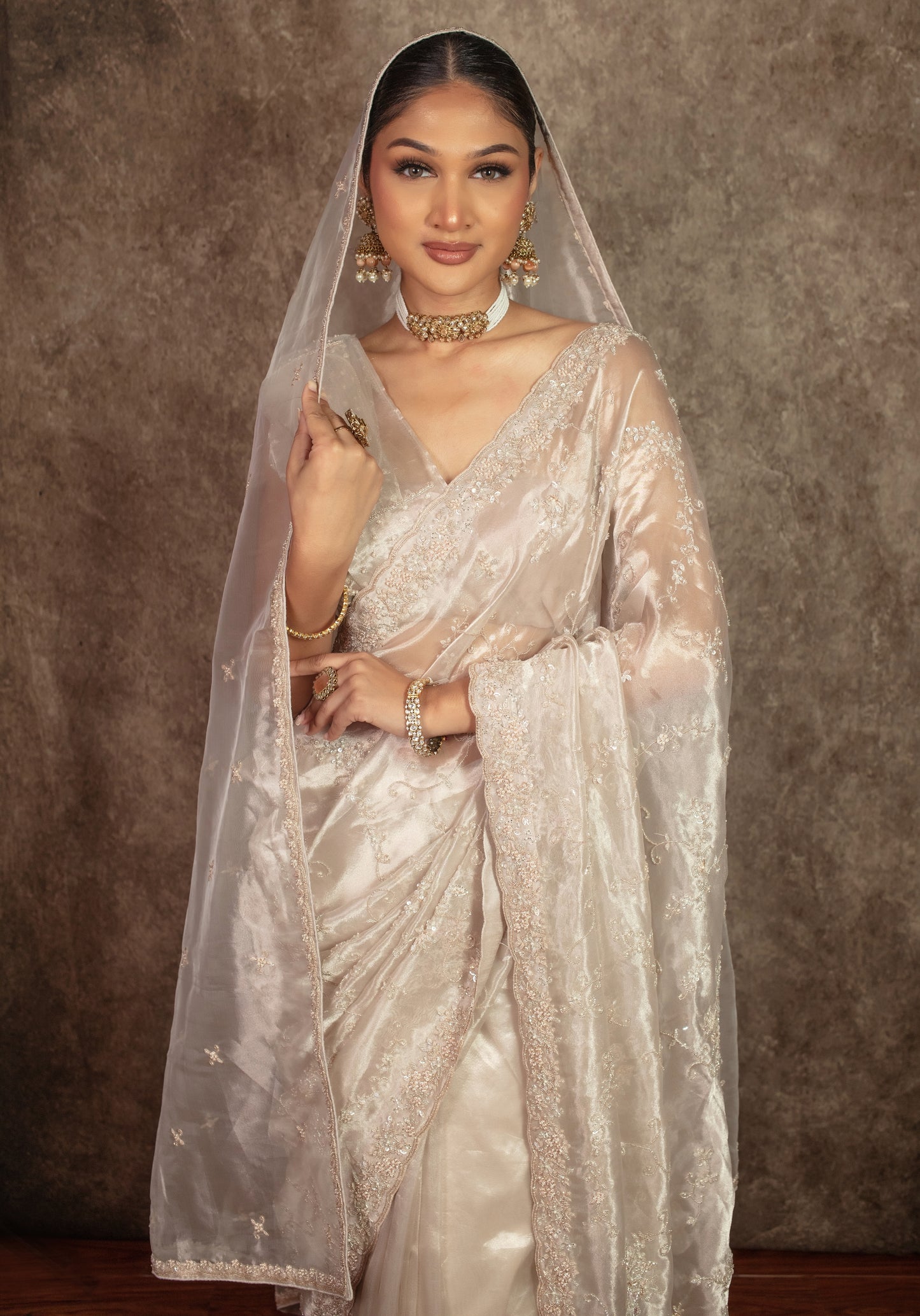 Signature Tissue Silk Beadwork Embroidery Sari W/Dupatta DF417