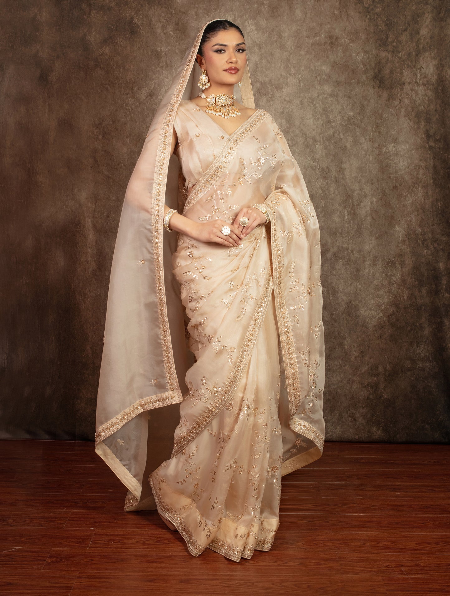 Luxury Organza Beadwork & Sequin Embroidery Sari W/ Dupatta EZ018