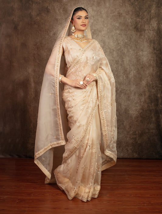 Luxury Organza Beadwork & Sequin Embroidery Sari W/ Dupatta EZ018