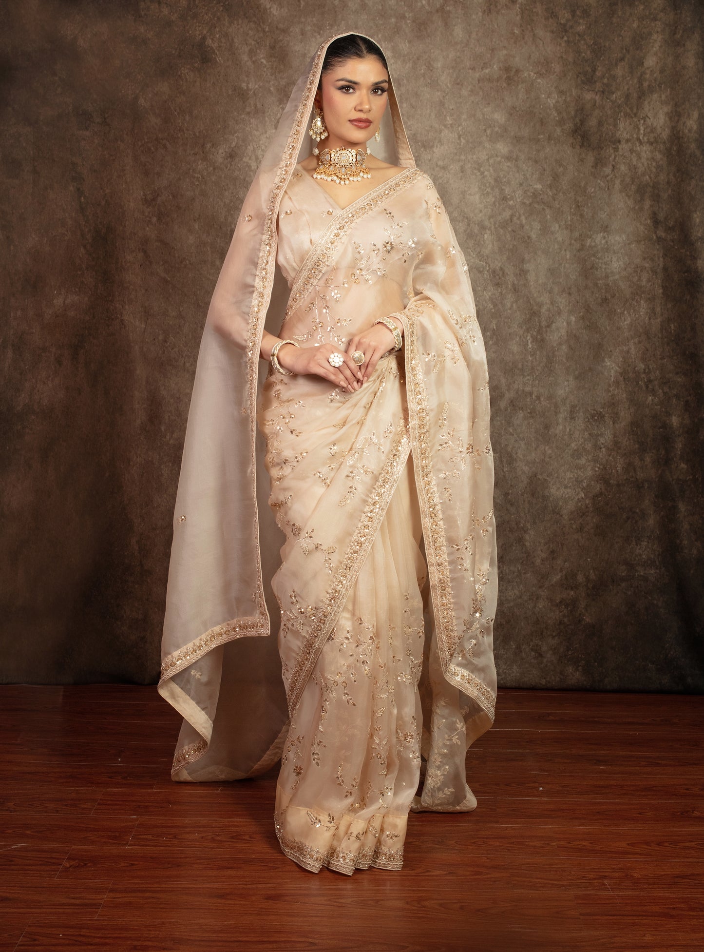 Luxury Organza Beadwork & Sequin Embroidery Sari W/ Dupatta EZ018