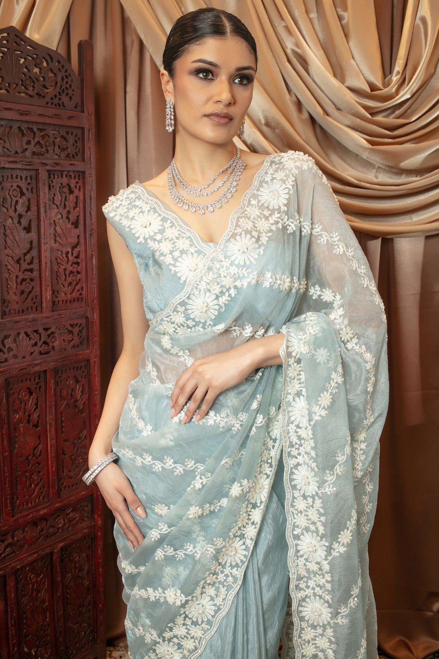 Premium Organza Diamante & Beadwork Embroidery Sari 490 GC0109