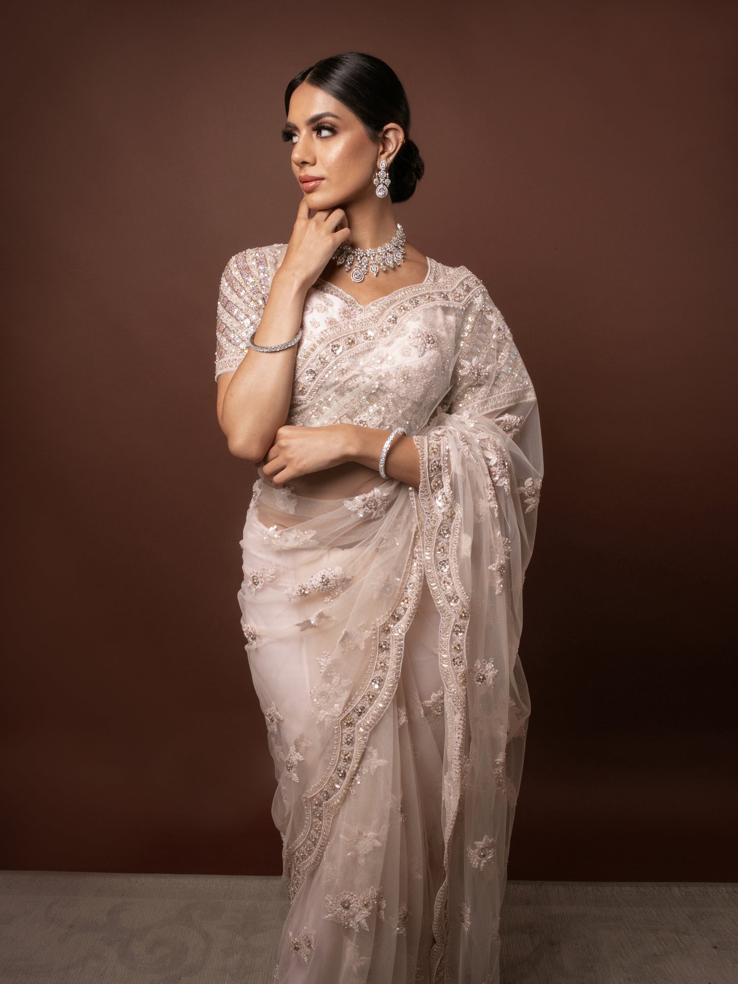 Luxury Soft Tulle Hand Embroidery & B/work (Pink Applique) Sari W/BP K0013