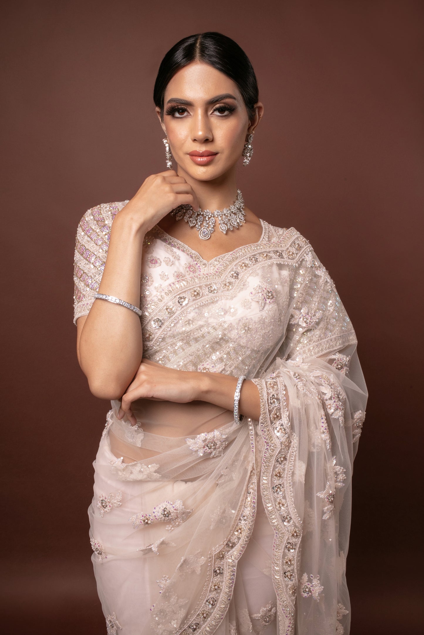 Luxury Soft Tulle Hand Embroidery & B/work (Pink Applique) Sari W/BP K0013