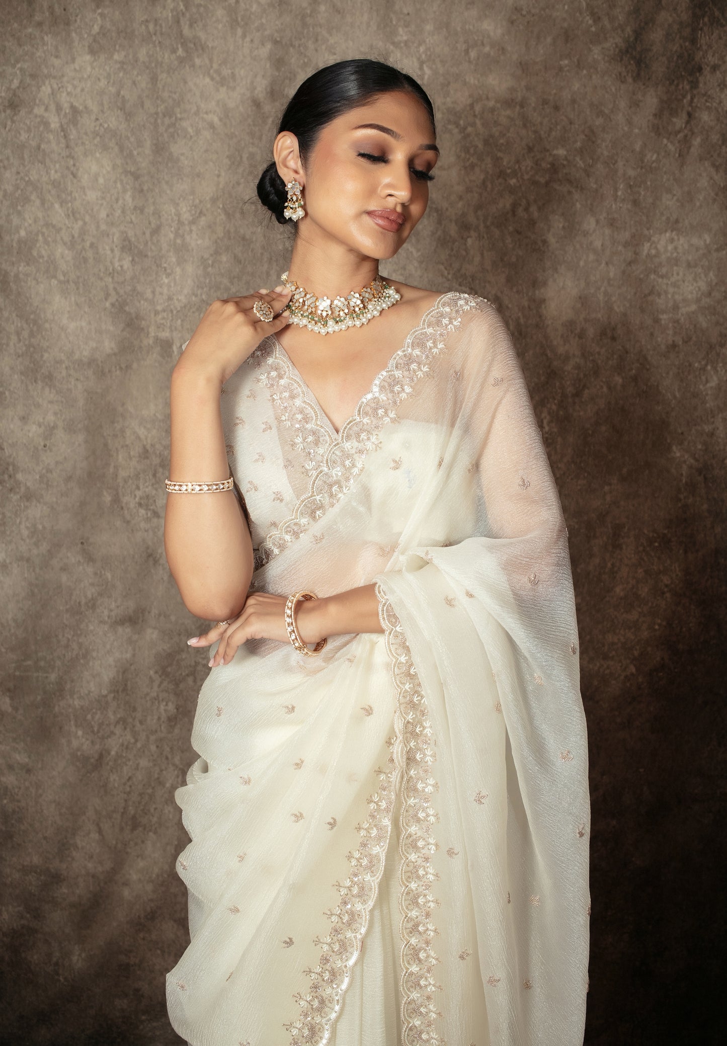 Luxury Crushed Silk Beadwork  Embroidery Sari NC0102