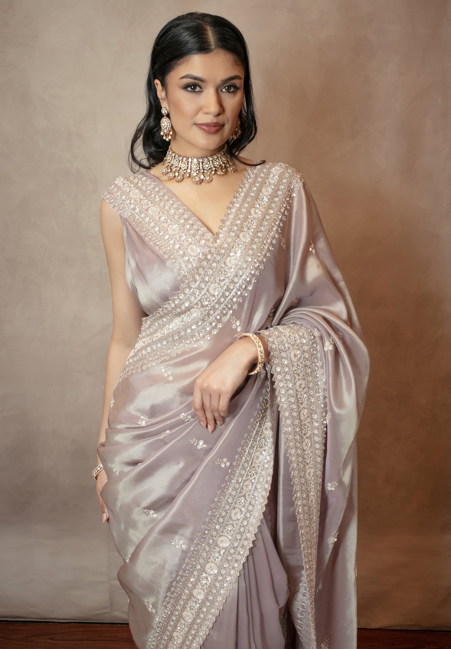 Luxury Tissue Silk Beadwork & Sequin Embroidery Sari NC0116