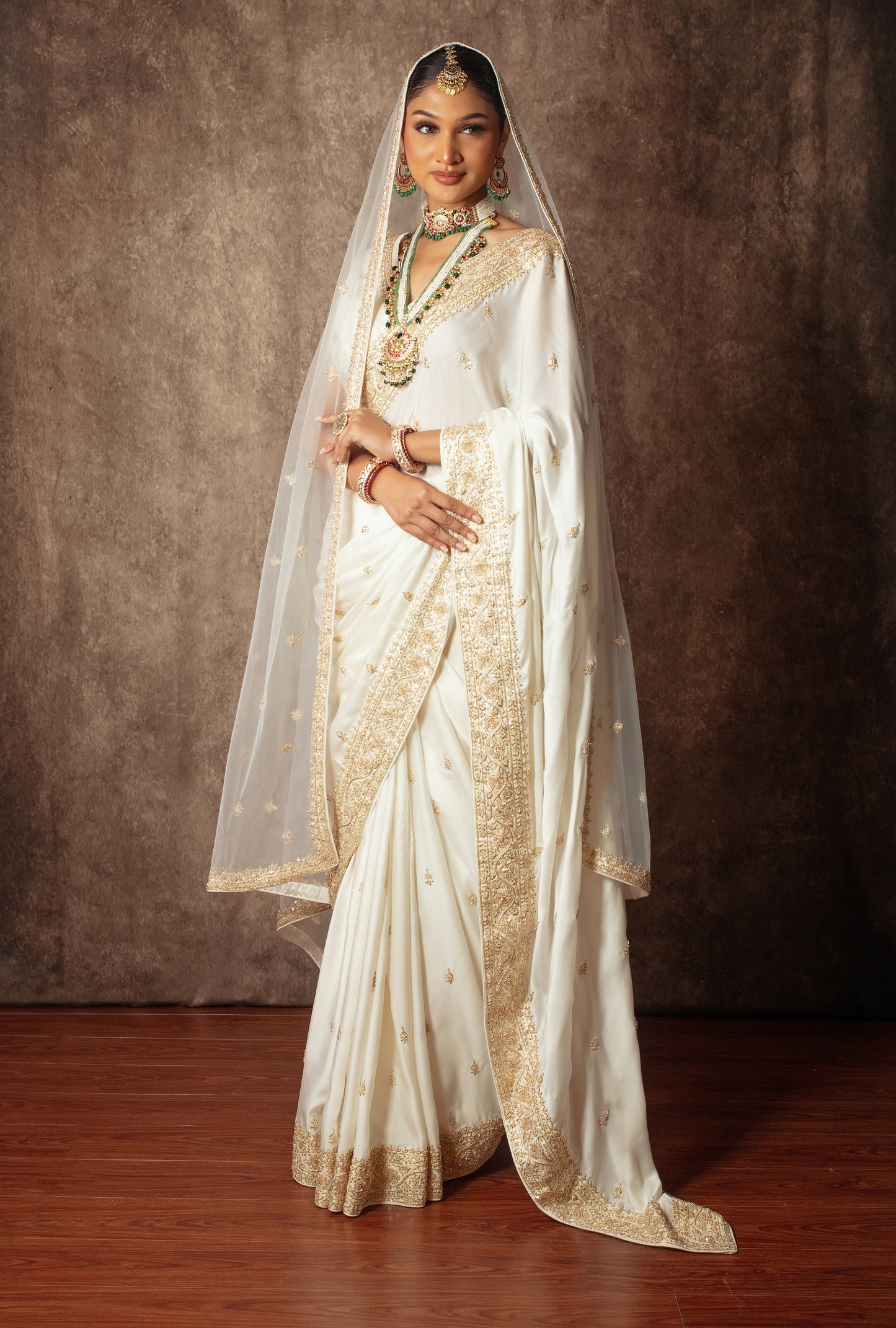 Signature Satin Silk Zardozi Embroidery Sari W/Dupatta NC0124