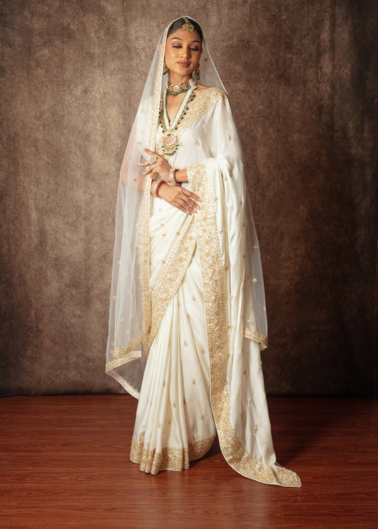 Signature Satin Silk Zardozi Embroidery Sari W/Dupatta NC0124