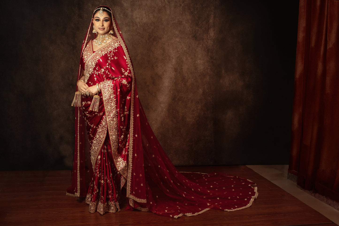 Signature Crepe Silk Zardozi Embroidery Sari W/Trail Dupatta NC0126