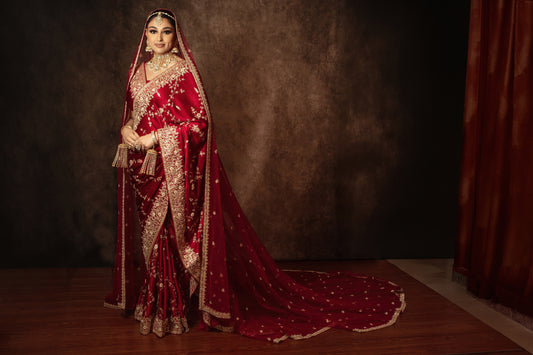 Signature Crepe Silk Zardozi Embroidery Sari W/Trail Dupatta NC0126