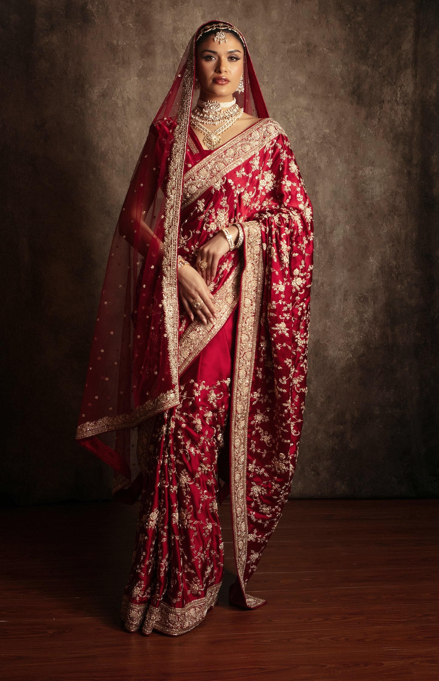 Signature Crepe Silk Zardozi Embroidery Sari W/Dupatta NC094