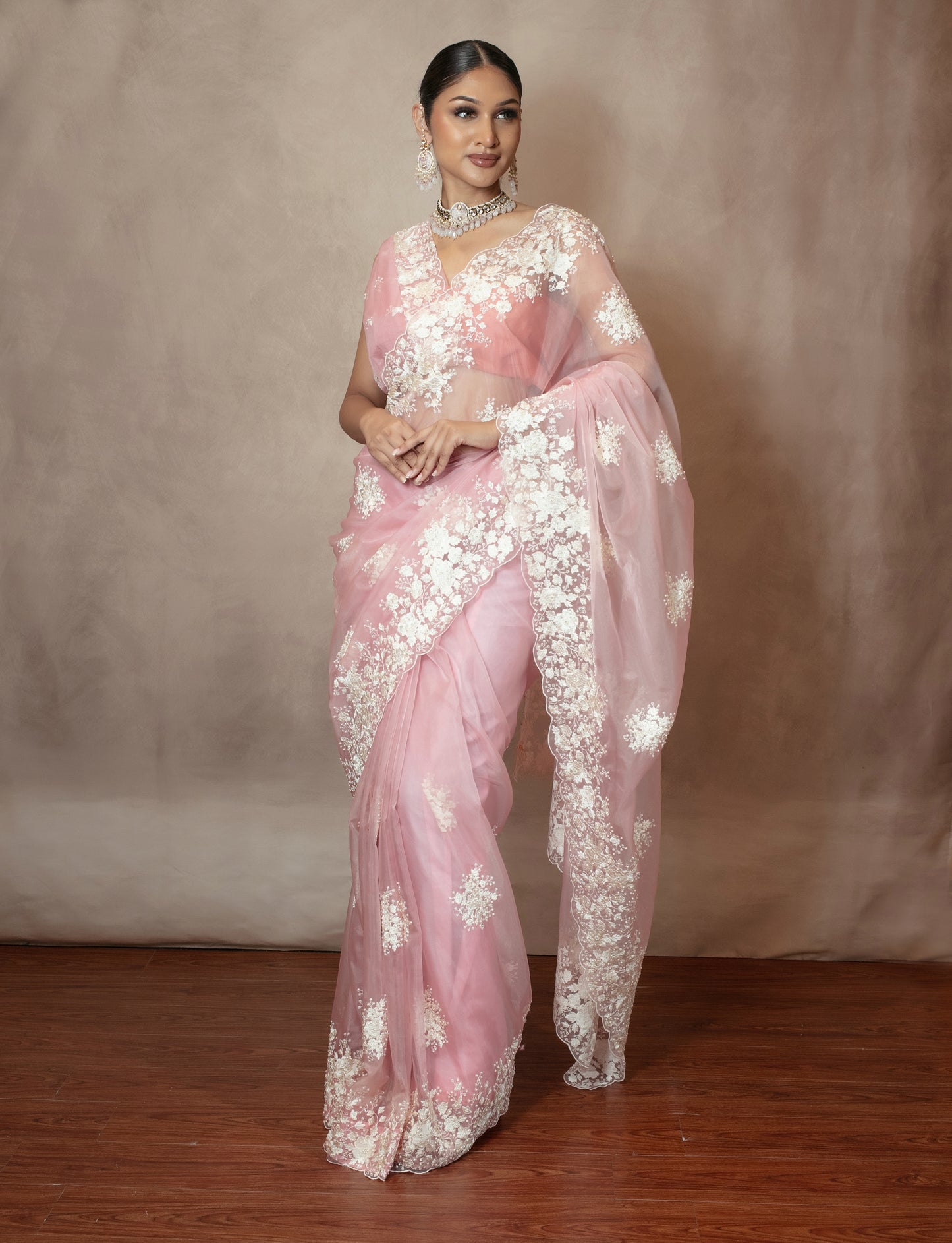 Luxury Organza Threadwork  Embroidery & Beadwork Sari NC099