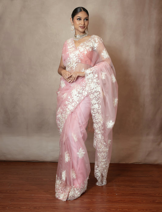 Luxury Organza Threadwork  Embroidery & Beadwork Sari NC099