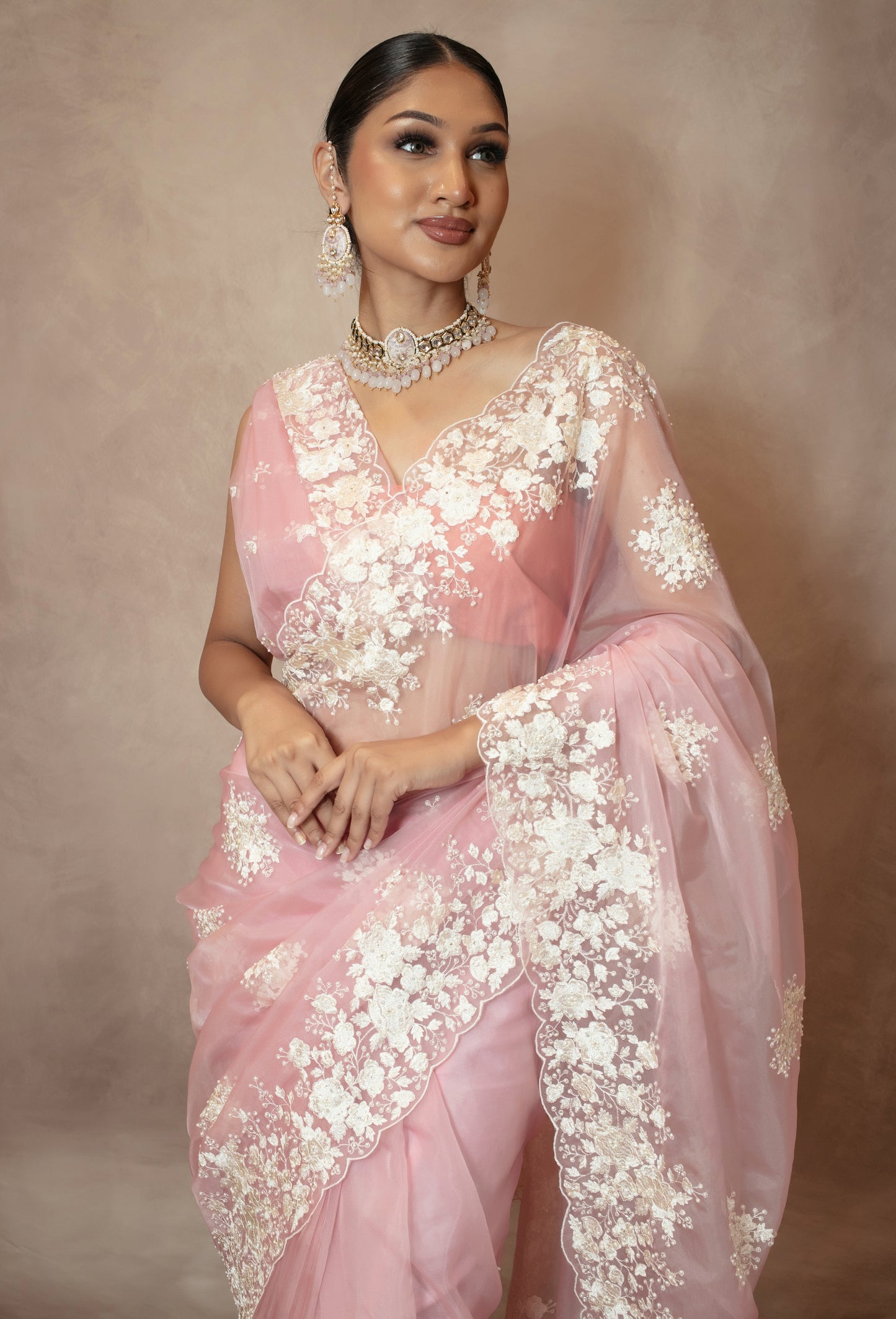 Luxury Organza Threadwork  Embroidery & Beadwork Sari NC099