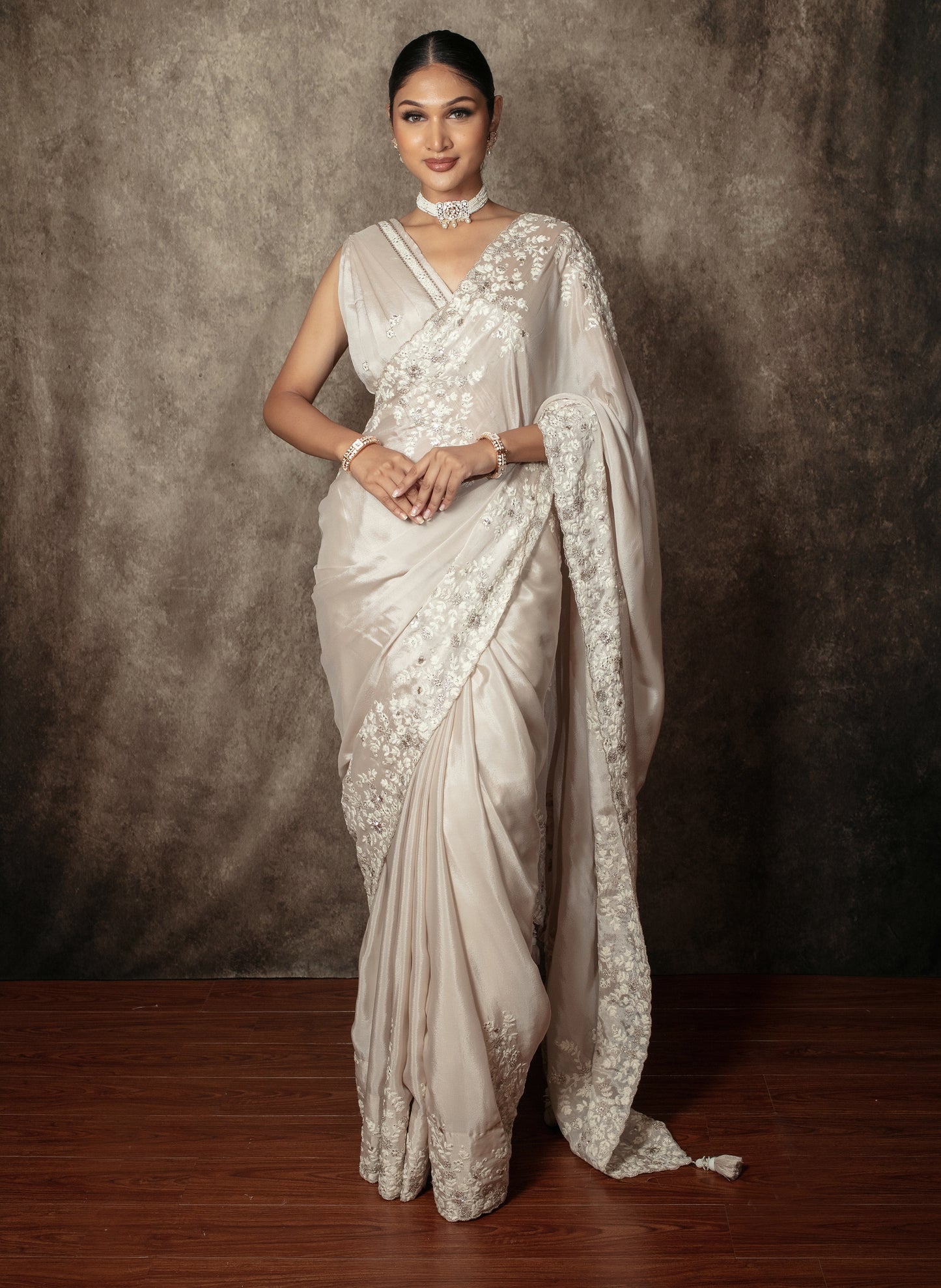 Premium Chamoise Silk Threadwork & Sequin Embroidery Sari PAS002