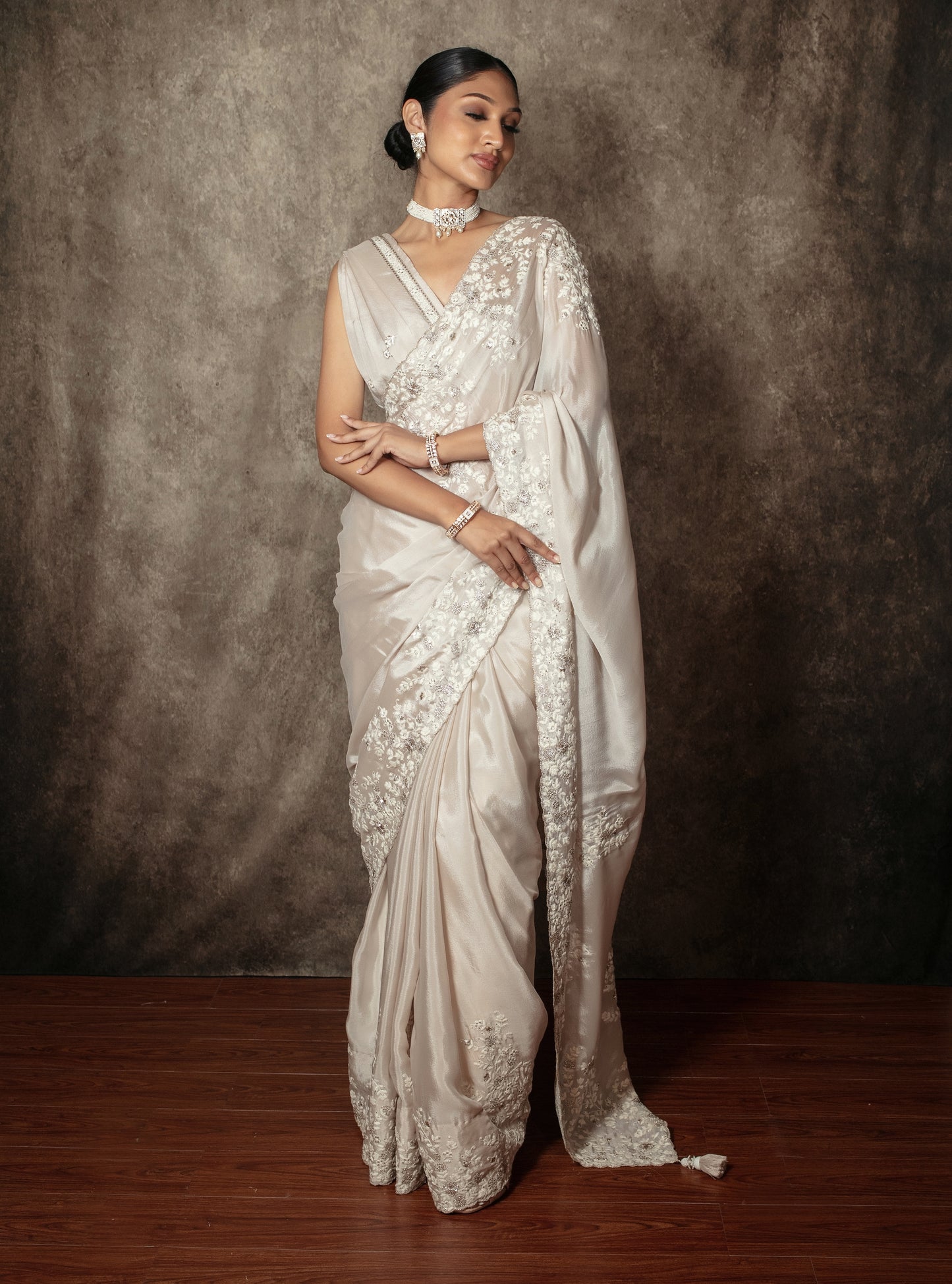 Premium Chamoise Silk Threadwork & Sequin Embroidery Sari PAS002