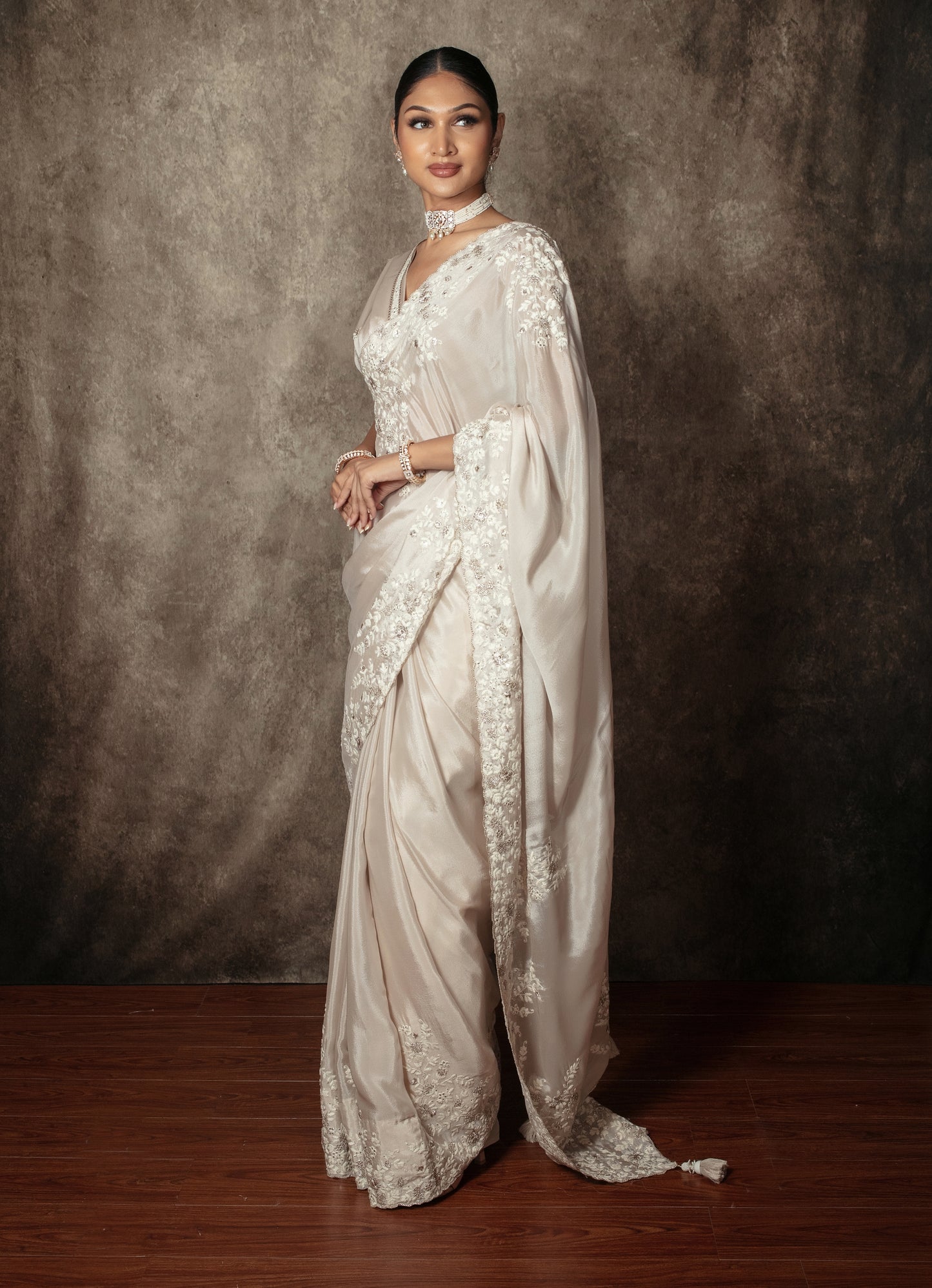 Premium Chamoise Silk Threadwork & Sequin Embroidery Sari PAS002