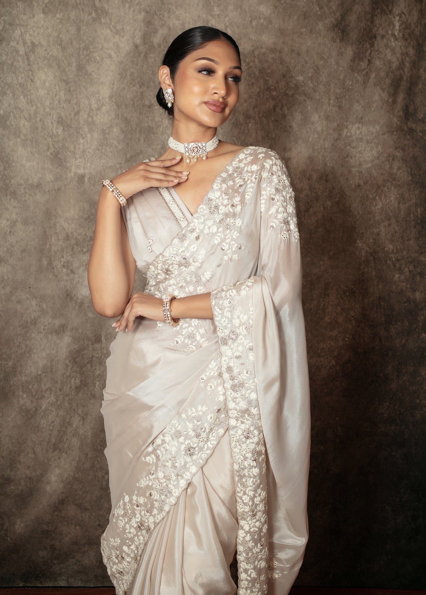 Premium Chamoise Silk Threadwork & Sequin Embroidery Sari PAS002