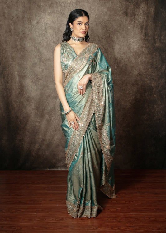 Luxury Crushed Tissue Silk Beadwork Embroidery Sari R004