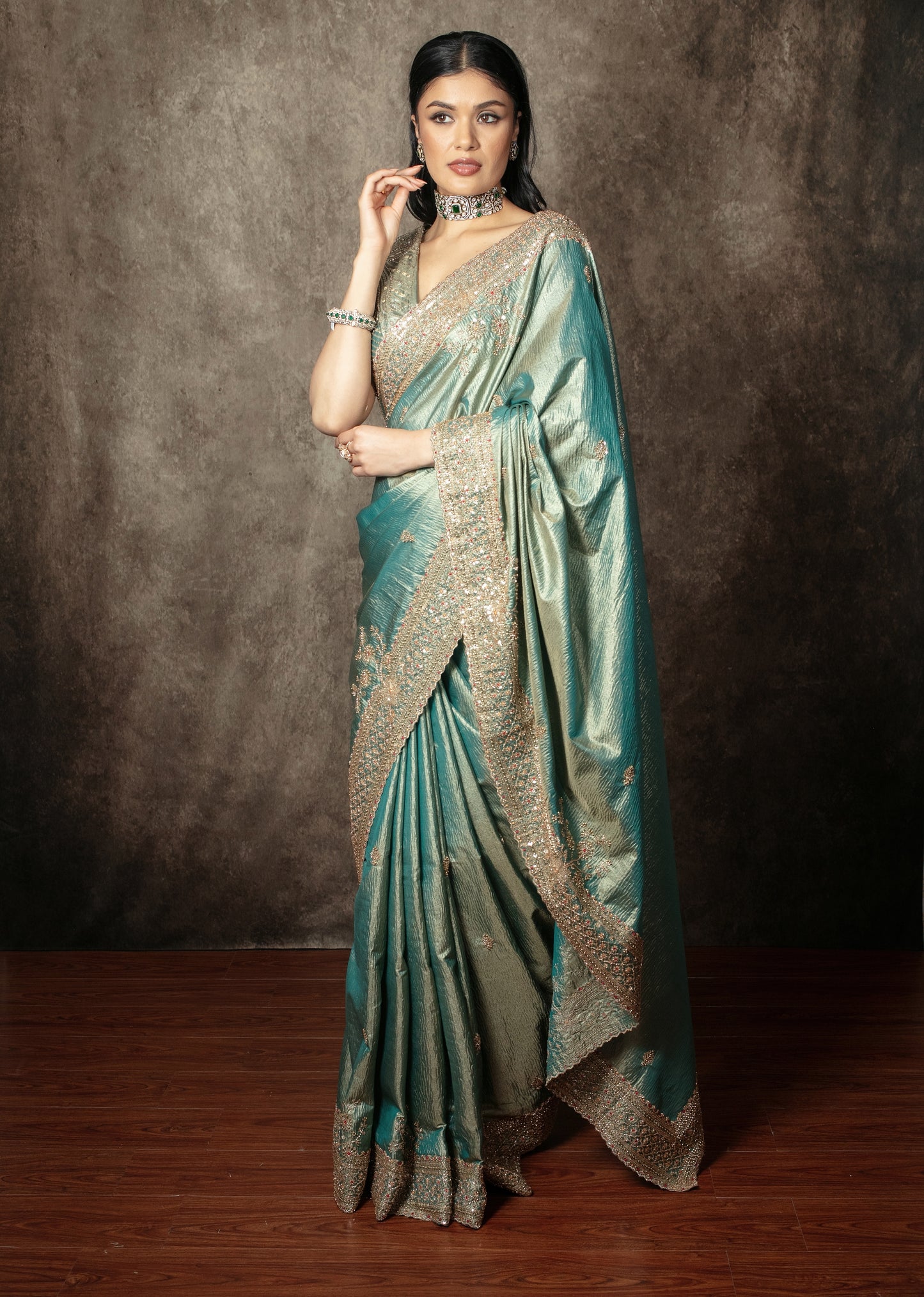 Luxury Crushed Tissue Silk Beadwork Embroidery Sari R004