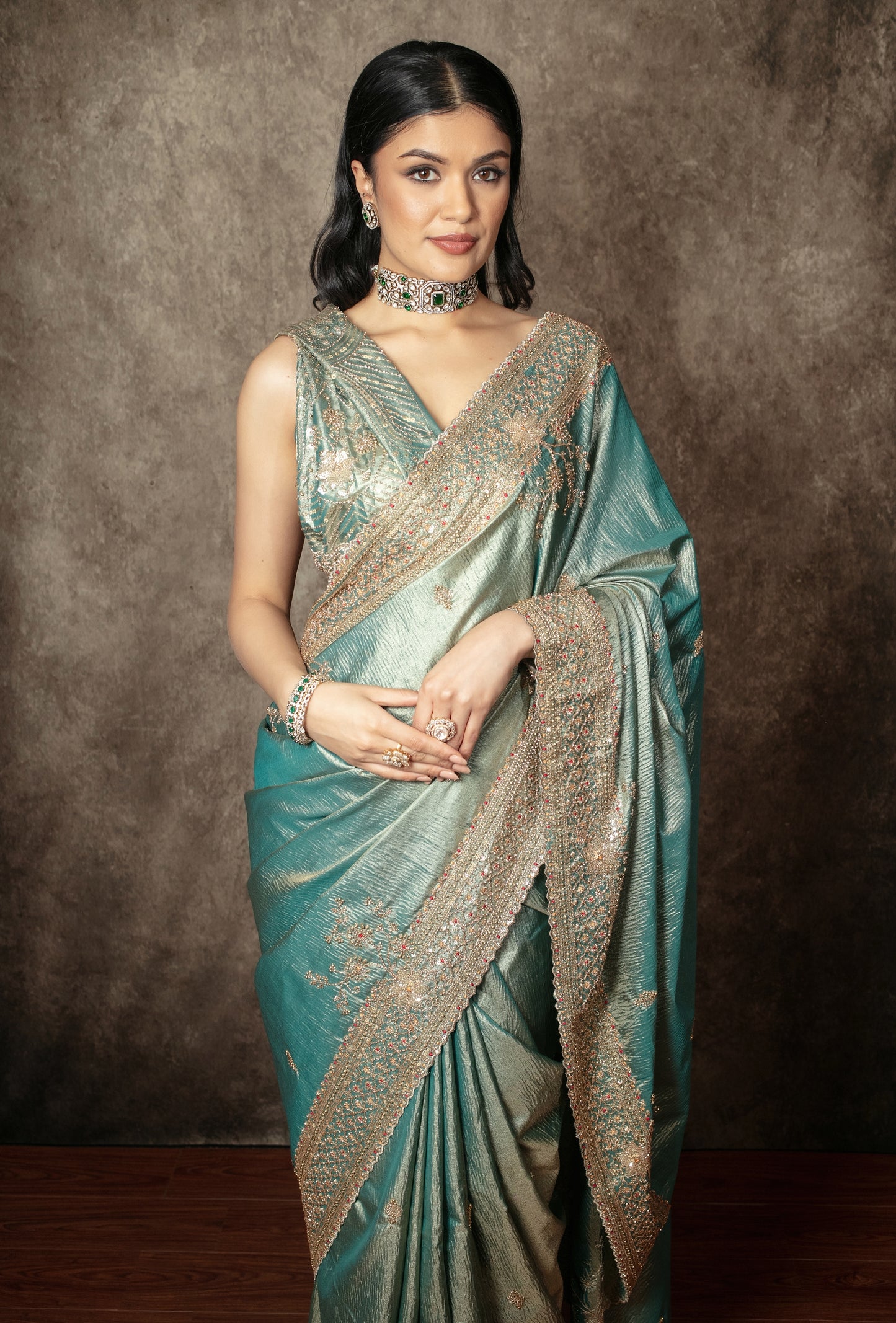 Luxury Crushed Tissue Silk Beadwork Embroidery Sari R004
