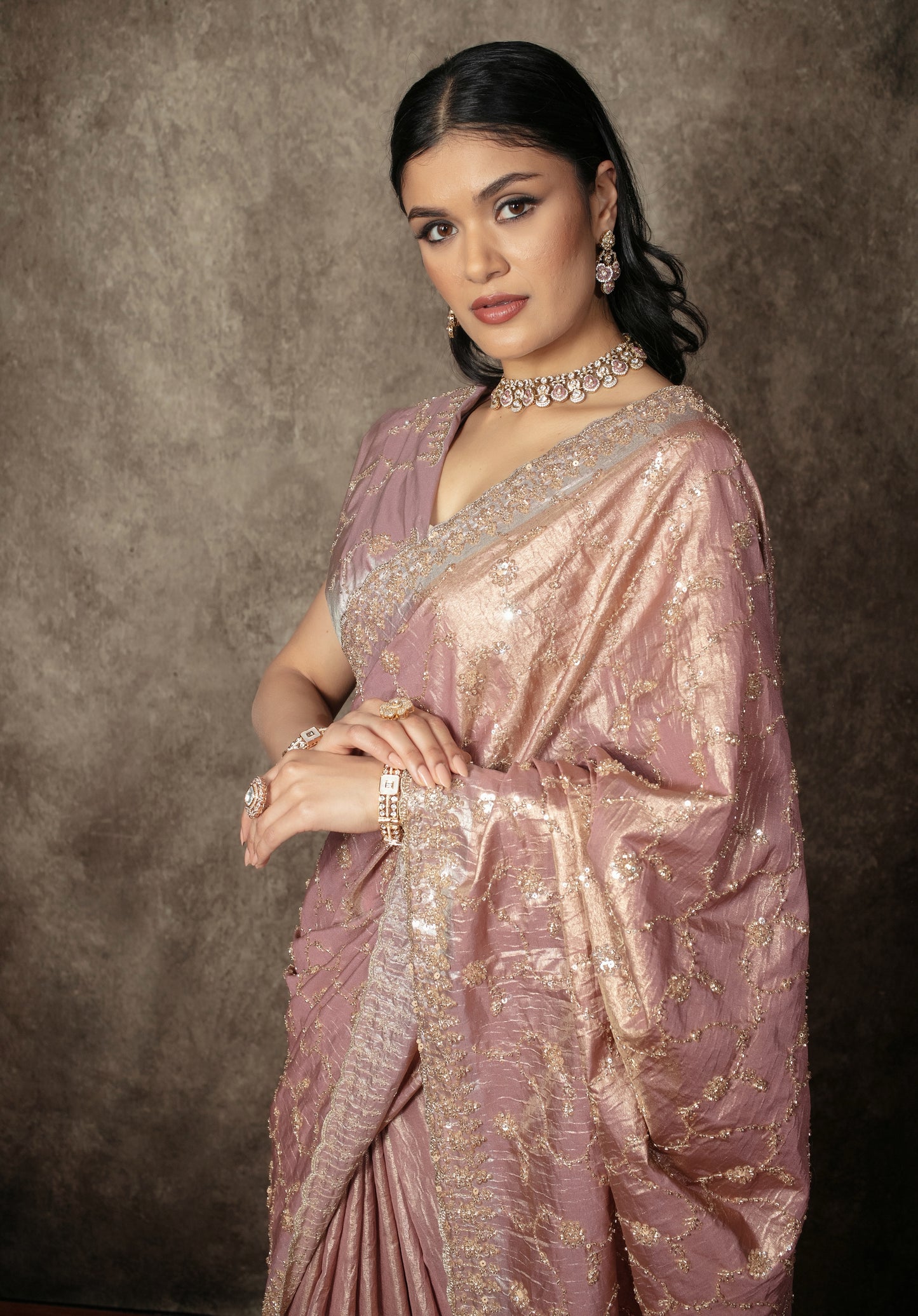 Luxury Crushed Tissue Silk Beadwork Embroidery Sari R006