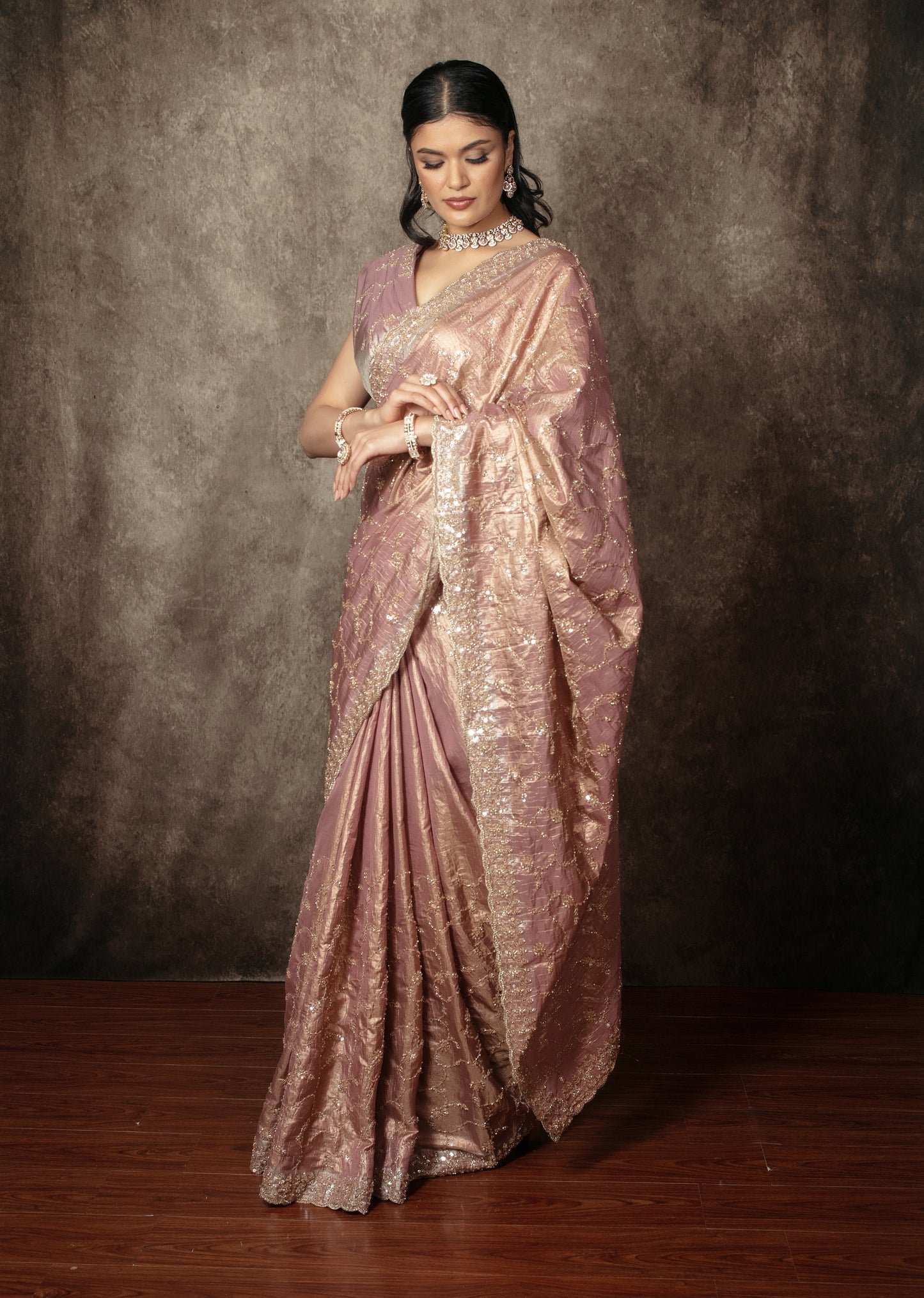 Luxury Crushed Tissue Silk Beadwork Embroidery Sari R006