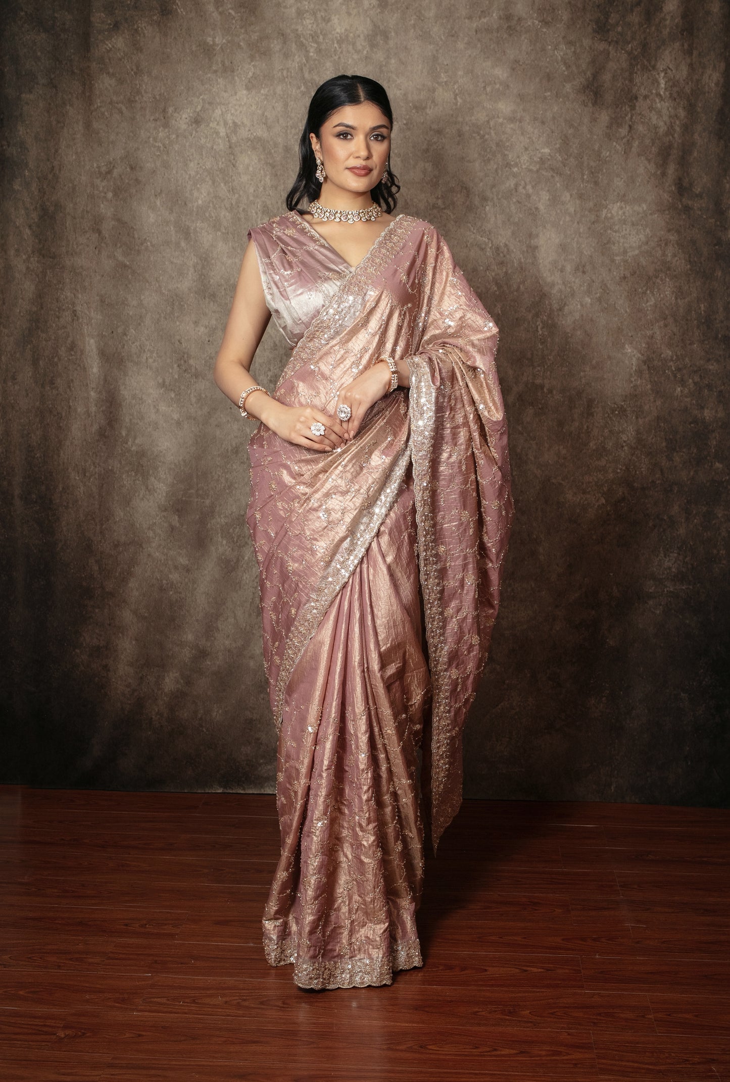 Luxury Crushed Tissue Silk Beadwork Embroidery Sari R006