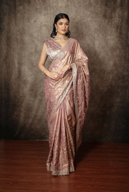 Luxury Crushed Tissue Silk Beadwork Embroidery Sari R006